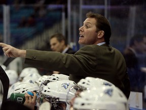 Saskatoon Blades coach David Struch reacts to a call during his team's home game against the calgary Hitmen on Wednesday, jan. 8, 2014.