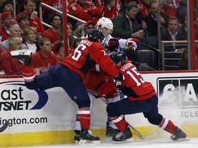 Shown here in playoff action in 2011, Matt Hendricks and Boyd Gordon have been teammates before, in Washington. Tonight they will pair up on Edmonton Oilers top penalty killing duo.