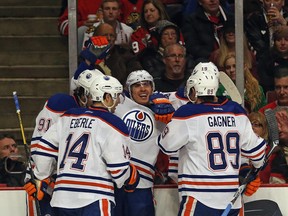 Nail Yakupov (centre) is projected to play on a line with Jordan Eberle and Sam Gagner tonight. The picture proves this trio has had at least some success in the past.