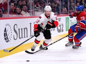 Erik Condra of the Ottawa Senators gets a step ahead of Montreal Canadiens defenceman P.K. Subban during an NHL game at the Bell Centre in Montreal on Jan. 4, 2014.