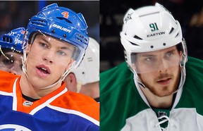 Edmonton Oilers forward taylor Hall, left, and Dallas Stars centre Tyler Seguin.