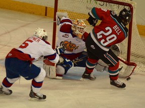 Kelowna Rockets right winger Myles Bell moves in on Edmonton Oil Kings goalie Tristan Jarry in first-period WHL action at Rexall Place in Edmonton on Wednesday, Jan. 8, 2014.