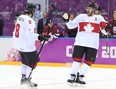 SOCHI: FEBRUARY 19, 2014 --Shea Weber (R) of Canada celebrates his goal with Drew Doughty against Latvia during third period in their quarterfinal match at the Sochi 2014 Olympic Games, February 19, 2014. Photo by Jean Levac/Postmedia News