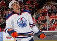 Anton Lander skates for the Edmonton Oilers against the host Detroit Red Wings at the Joe Louis Arena on March 14, 2014 .