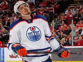 Anton Lander skates for the Edmonton Oilers against the host Detroit Red Wings at the Joe Louis Arena on March 14, 2014 .