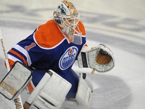 Goalie laurent Brossoit during warm-up for the Edmonton Oilers March 25, 2014, prior to their game against the San Jose Sharks at Rexall Place.