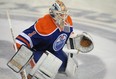 Goalie laurent Brossoit during warm-up for the Edmonton Oilers March 25, 2014, prior to their game against the San Jose Sharks at Rexall Place.