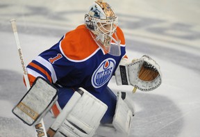 Goalie laurent Brossoit during warm-up for the Edmonton Oilers March 25, 2014, prior to their game against the San Jose Sharks at Rexall Place.