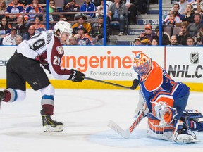 Unencumbered by defensive pressure, Nathan MacKinnon steams in alone on Ben Scrivens. Not in frame: Mark Fraser.