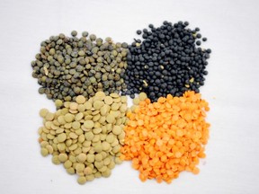 Clockwise from top left: French lentils, Beluga lentils, orange lentils and green lentils. VANCOUVER, B.C.: OCTOBER 12,  2009 ñ Lentils.  Clockwise from top left-french lentils, beluga lentils, orange lentils and green lentils.