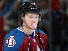 Nathan MacKinnon  of the Colorado Avalanche warms up prior to facing the Minnesota Wild in Game Two of the First Round of the 2014 NHL Stanley Cup Playoffs at Pepsi Center on April 19, 2014, in Denver, Colo.