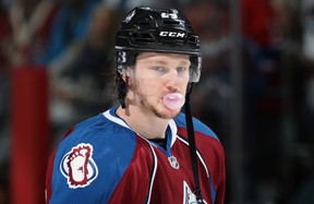 Nathan MacKinnon  of the Colorado Avalanche warms up prior to facing the Minnesota Wild in Game Two of the First Round of the 2014 NHL Stanley Cup Playoffs at Pepsi Center on April 19, 2014, in Denver, Colo.