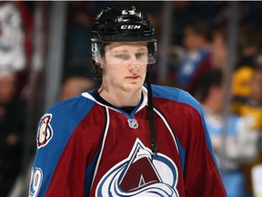 Nathan MacKinnon #29 of the Colorado Avalanche warms up prior to facing the Boston Bruins at Pepsi Center on March 21, 2014 in Denver, Colorado.