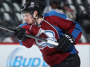 Nathan MacKinnon of the Colorado Avalanche warms up prior to facing the Minnesota Wild Game Five of the First Round of the 2014 NHL Stanley Cup Playoffs at Pepsi Center on April 26, 2014 in Denver.