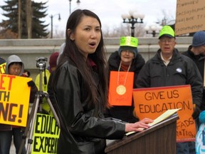 EDMONTON, ALBERTA: APRIL 12, 2014 - Dr. Nhung Tran-Davies speaks to approximately two hundred and fifty concerned Albertans who rallied outside the Alberta Legislature on Saturday April 12, 2014 to protest the province's discovery math learning system. (PHOTO BY LARRY WONG/EDMONTON JOURNAL) Video