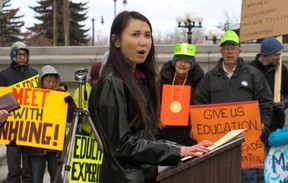 EDMONTON, ALBERTA: APRIL 12, 2014 - Dr. Nhung Tran-Davies speaks to approximately two hundred and fifty concerned Albertans who rallied outside the Alberta Legislature on Saturday April 12, 2014 to protest the province's discovery math learning system. (PHOTO BY LARRY WONG/EDMONTON JOURNAL) Video
