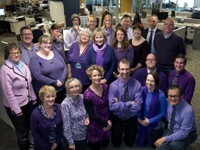 Left to right. Back to front.  Mark Suits, Alexandra Zabjek, Randy Hardisty, Stuart Thomson, Jennifer Parker, Gary Lamphier, Dan Barnes, David Howell, Paula Simons, Sarah O'Donnell, Chris Zdeb, Janet Vlieg, Stephanie Coombs, Barb Wilkinson, Craig Ellingson, Sam Brooks, Karen Booth, Keri Sweetman, Jodie Sinnema, Keith Gerein, Andrea Sands, Bill Mah.
(Ryan Jackson/EDMONTON JOURNAL, who was also wearing a purple shirt on April 17, 2014.)