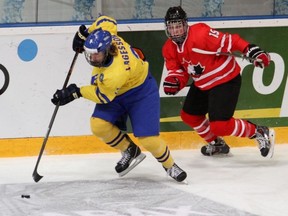 William Lagesson in action against Canada in the bornze medal game of the U-18 championships.