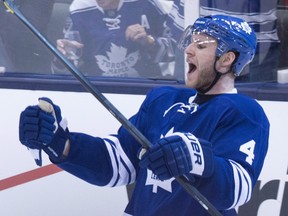 Toronto Maple Leafs defenceman Cody Franson reacts after scoring against the Boston Bruins during first period NHL hockey playoff action in Toronto on Wednesday, May 8, 2013. The Leafs have ended their contract dispute with Franson.A source says the defenceman agreed to terms on a one-year deal. THE CANADIAN PRESS/Nathan Denette