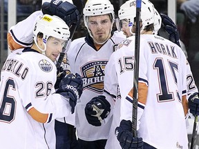 Mark Arcobello (L) and Anton Lander (C) have had plenty of success together in Oklahoma City, but both have plenty to prove in the NHL.