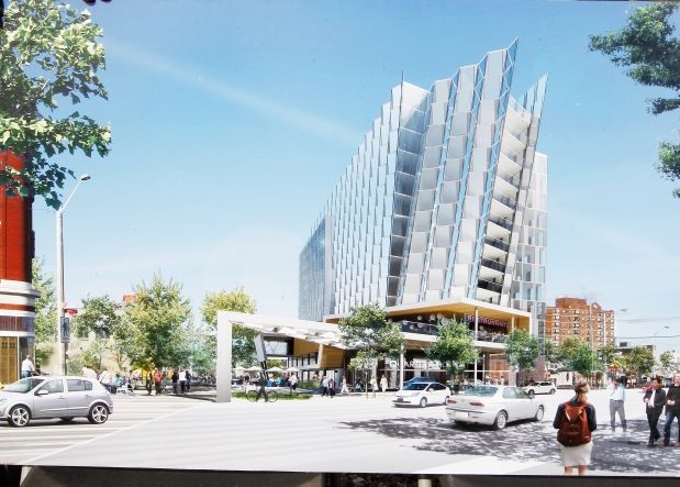 The northeast corner of 96th Street and Jasper Avenue will feature a 13-storey Hyatt Hotel with shops and restaurants on the main floor.