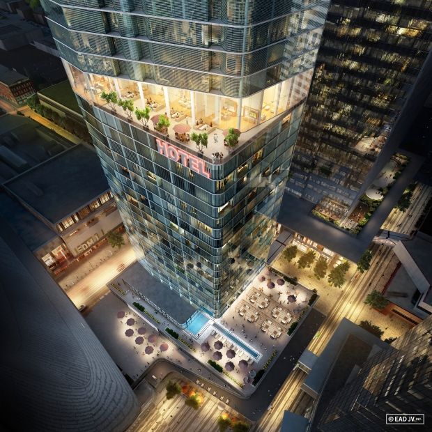 This upscale hotel, at the southeast corner of 104th Avenue and 102nd Street, is aimed at fans attending hockey games and concerts at the arena. It will have condos on upper floors.