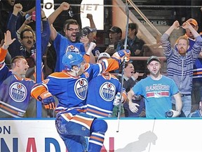 Taylor Hall celebrates a goal (Photo: Shaughn Butts, Edmonton Journal)
