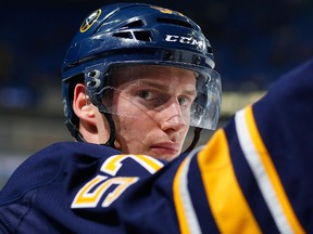 Buffalo Sabres defenceman Tyler Myers on Oct. 18, 2014, during his team's game against the Boston Bruins at the First Niagara Center in Buffalo, N.Y.