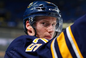 Buffalo Sabres defenceman Tyler Myers on Oct. 18, 2014, during his team's game against the Boston Bruins at the First Niagara Center in Buffalo, N.Y.