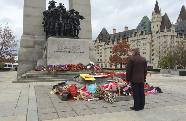 Memorial items left at the National War Memorial after Remembrance Day, 2014.