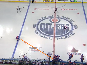 Wide open spaces in the neutral zone as Edmonton Oilers botch another line change. Seconds later the puck was in the back of Oilers' net.