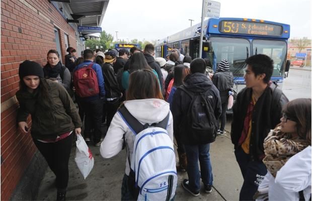 Riders catch buses from the Millwoods Transit Centre.