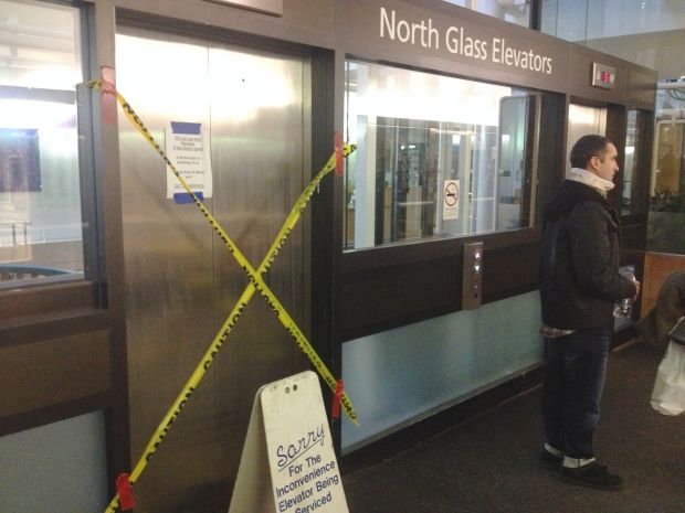 A broken elevator at University Hospital in Edmonton.