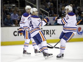 Jordan Eberle celebrates a goal in a game against San Jose.