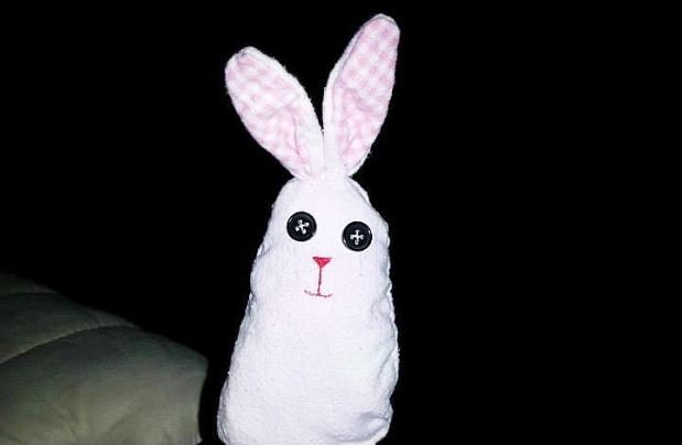 One of Eran Pelletier’s homemade “bunny army” stuffed animals, part of her efforts to pay it forward after a crash that killed three members of her family.