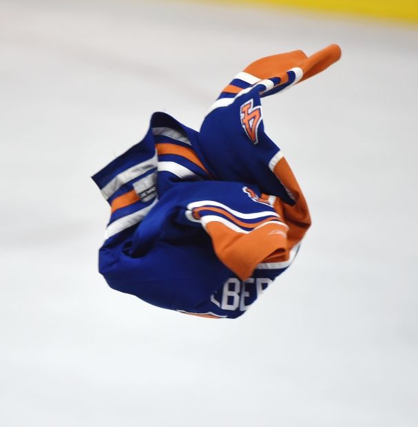 One of 3 oilers jerseys that were thrown onto the ice at the end of the game as the Edmonton Oilers lost to the Arizona Coyotes at Rexall Place in Edmonton, December 23, 2014.
