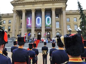 Actors recreate the official opening of the Alberta Legislature building from 100 years ago, with the Royal Canadian Artillery Band facing the steps.