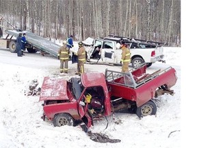 Aftermath of a Nov. 11, 2014 crash that killed three men on an icy highway near Rocky Mountain House. Photo by Global News.