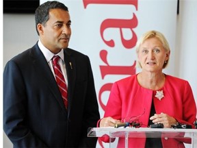 Alberta Liberal Leader Raj Sherman introduces Edmonton Whitemud candidate Donna Wilson to the media at the Terwillegar Rec Centre on Sept. 30, 2014.