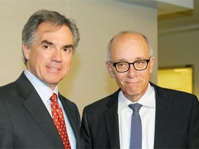 Alberta Premier Jim Prentice and Alberta Health Minister Stephen Mandel (right) announce plans to reduce pressure on hospital emergency rooms and addressed acute and long-term care bed shortages in Alberta. Mandel is the PC candidate for the Edmonton Whitemud byelection.