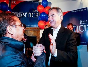 Alberta Premier Jim Prentice celebrates winning a seat in Calgary-Foothills in Monday’s byelection. The PCs swept all four seats up for grabs, including Edmonton-Whitemud.