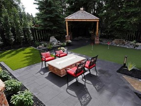 Angus and Heather Watt recast their family backyard as a low-maintenance adult space by installing artificial turf, a putting green, a covered gazebo and an elegant fire table.