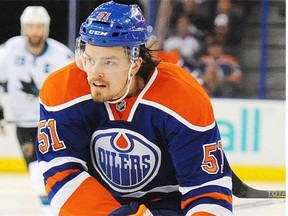 Anton Lander of the Edmonton Oilers in action against the San Jose Sharks on March 25, 2014, at Rexall Place in Edmonton.