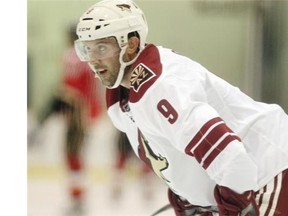 Arizona Coyotes centre Sam Gagner warmed up with teammates prior to the Kraft Hockeyville 2014 game in Sylvan Lake against the Calgary Flames.