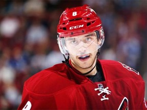 Arizona Coyotes centre Tobias Rieder looks up as he waits for faceoff against the Toronto Maple Leafs during a National Hockey League game at Gila River Arena in Glendale, Ariz., on Nov. 4, 2014.