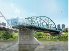 An artist’s depiction of a proposed glass-floored restaurant on the south section of the renovated Walterdale Bridge, scheduled to be replaced next year.
