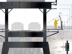 Artist rendering of option 1b for a new barriers on the High Level Bridge. This option includes new chain link full height barrier (2700 mm), and new galvanized curved steel posts and chain link fencing. The existing guardrail would remain.