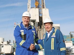 Atco Energy Solutions Ltd. president Patrick Creaghan (left) and Petrogas Energy Corp. president and CEO Stan Owerko at a ceremonial first drill this week near Fort Saskatchewan. The two companies are developing underground salt caverns for use as storage for propane, butane and ethylene.