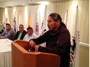 Athabasca Chipewyan First Nation Chief Alan Adam speaks on Thursday during a news conference in Edmonton by Treaty 8 chiefs to denounce the provincial government’s proposed aboriginal consultation policy.