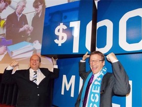 NAIT president and CEO Glenn Feltham (left) and Brent Hesje, Fountain Tire CEO and chair of NAIT board of governors, at the launch of its $100-million fundraising campaign.